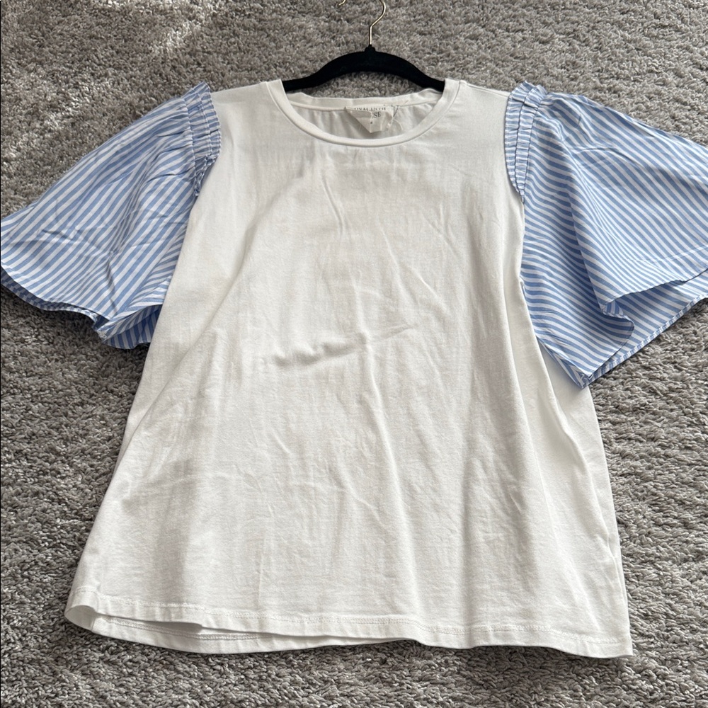 White and Blue Striped Sleeve Women's Top